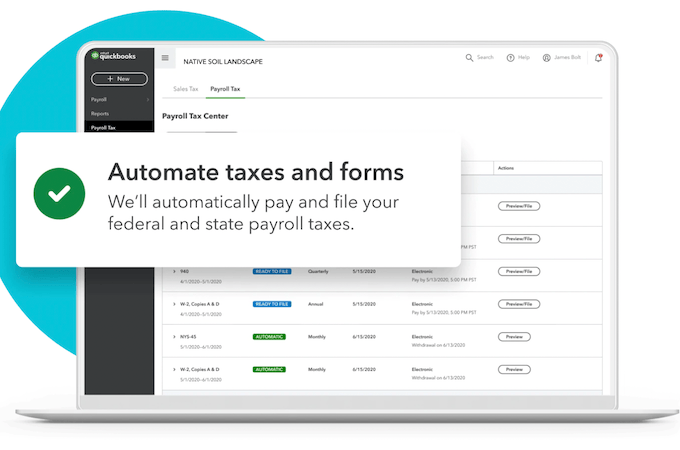 Screenshot of the QuickBooks payroll web page showing a laptop with a banner showing example payroll data, "Automate taxes and forms - We'll automatically pay and file your federal and state payroll taxes",