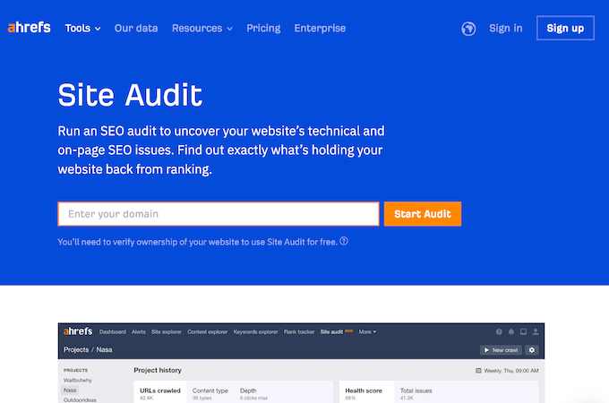 Screenshot of Ahrefs site audit tool web page.