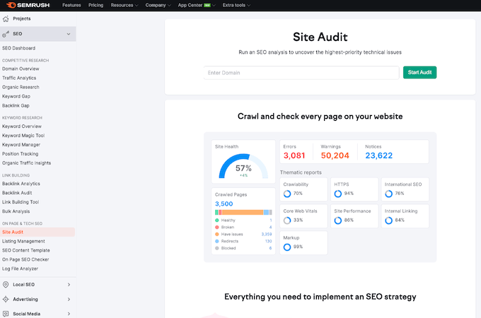 Screenshot of Semrush site audit tools page.