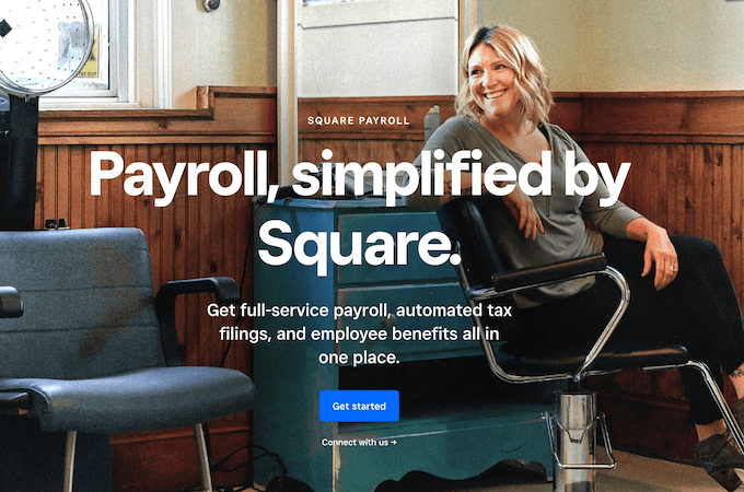 Screenshot from Square Payroll web page with CTA and button to "get started".