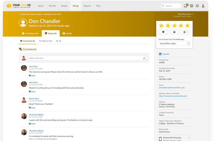 Screenshot of BambooHr's hiring dashboard displaying notes on the notes page.