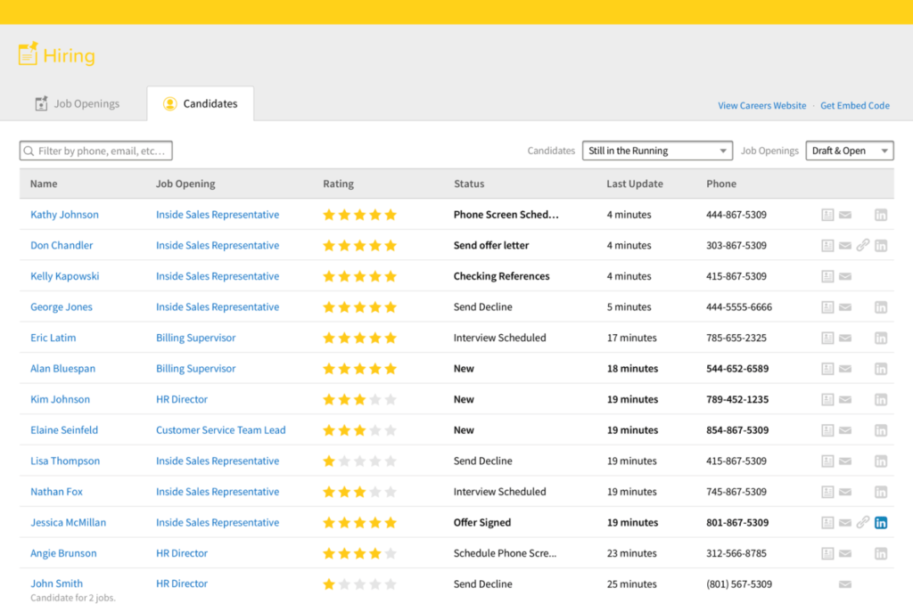 Screenshot showing a list of candidates that have applied to various open positions. The data also shows their rating, status, last update, phone number, and other upload data.