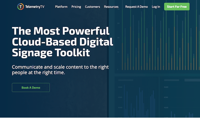 A white header against a blue background that reads “The Most Powerful Cloud-Based Digital Signage Toolkit” with text below.
