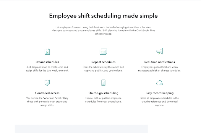 Screenshot from quickbooks.intuit.com's shift scheduling software page showcasing the software's features with descriptions.