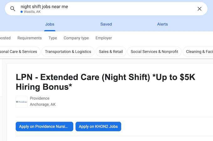 Screenshot of a Google search result for night shift jobs near me - Wasilla, AK.