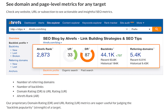 Screenshot of Ahrefs backlink checker webpage.
