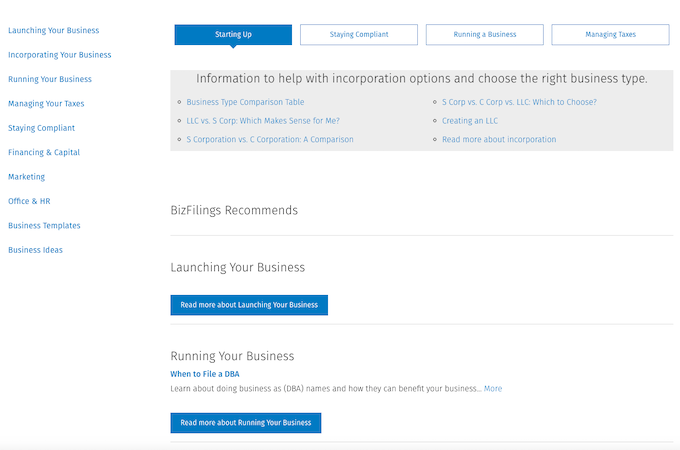 Screenshot of BizFilings webpage with a collection of resources to help you get started