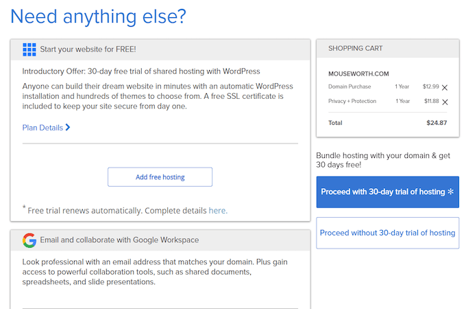 Screenshot of Bluehost’s 30-day web hosting free trial on the checkout page.