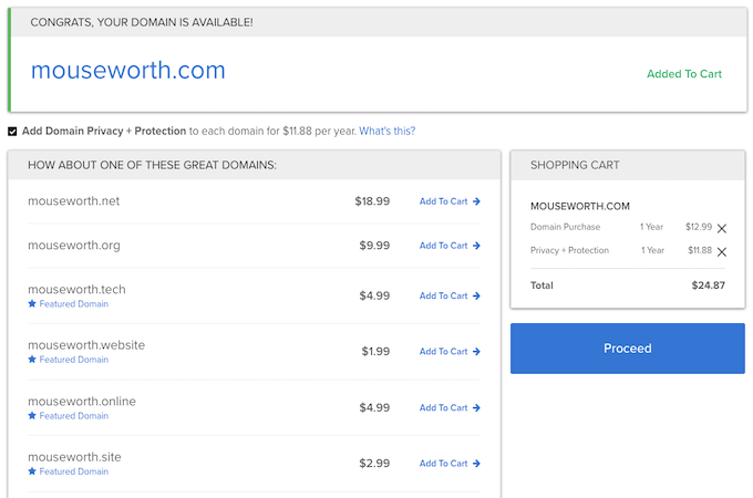 Screenshot showing mouseworth.com domain is available with multiple TDLs