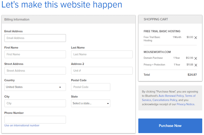 Screenshot of Bluehost’s billing information page.