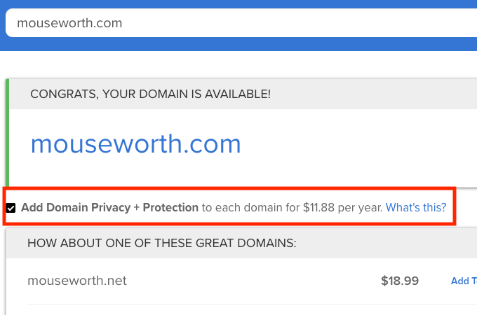 Screenshot showing a checkbox to add domain privacy.