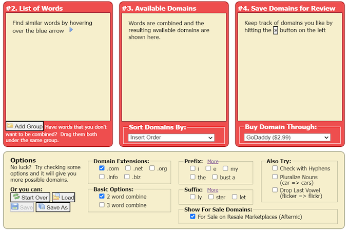Three columns highlighted in red with headers as follows from left to right: List of Words, Available Domains, Save Domains for Review. Below the columns are filtering options with checkboxes.