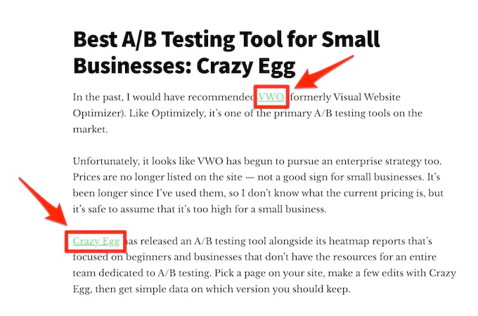 Screenshot of a Crazy Egg post = Best A/B Testing Tool for Small Businesses: Crazy Egg. Special emphasis on the two backlinks.