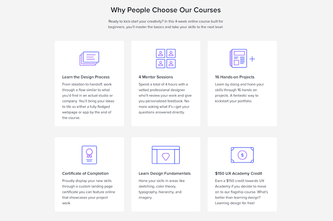 Screenshot from DesignLab website describing why people choose DesignLab courses with descriptions and narrative.