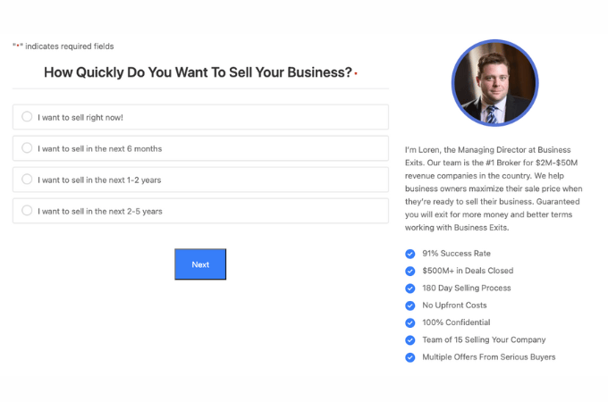 Screenshot from Digital Exit's website with a form asking how quickly do you want to sell your business with four checkbox options.