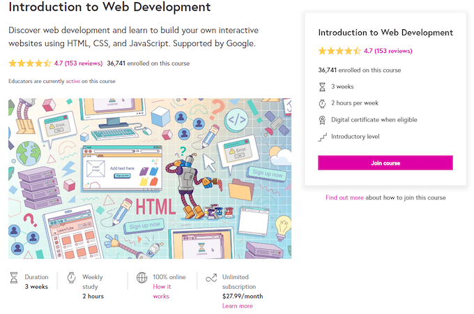 Screenshot of Raspberry Pi Foundation web design course sign up page.