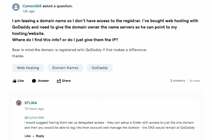 Screenshot from a GoDaddy community conversation.