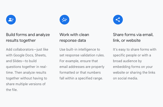 Three blue icons with text beneath explaining Google Forms features, including building forms and analyzing results, working with clean response data, and sharing forms.