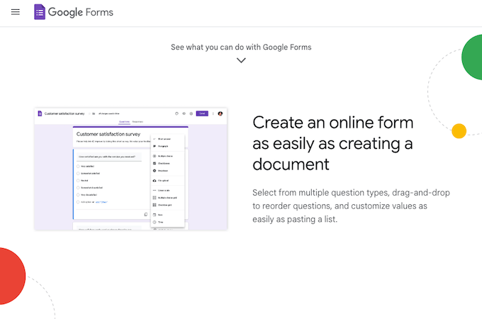 Screenshot with a customer satisfaction survey in a browser. On the left, the text reads, “Create an online form as easily as creating a document.”