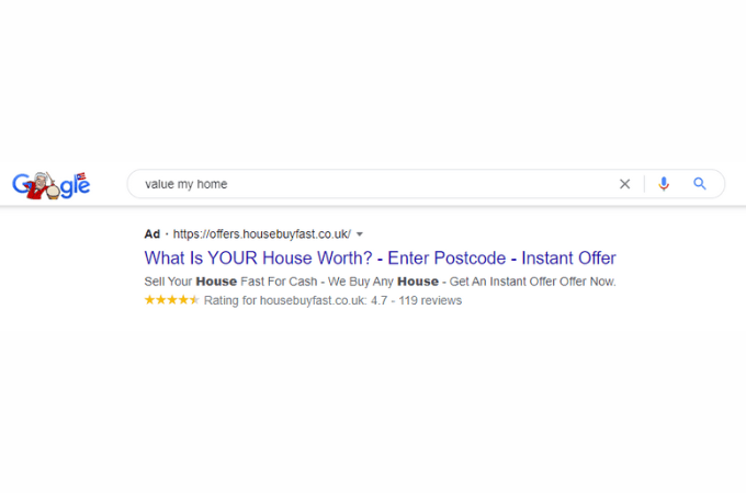 Screenshot of a Google ad copy for the search term "value my home"