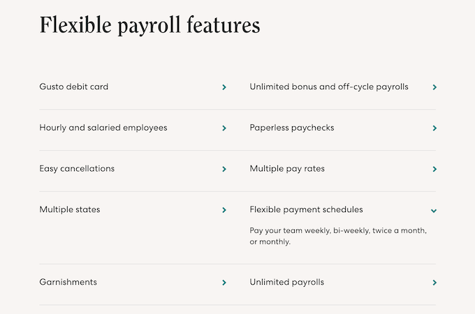 List of Gusto's flexible payroll features