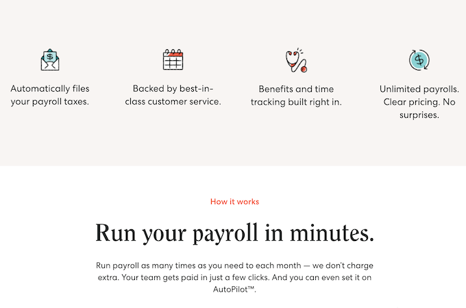 Gusto webpage explaining how to run payroll in minutes