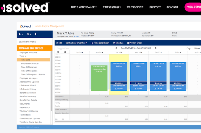 Screenshot of isolvedtime.com's time and attendance web page with human capital management dashboard and time card example data.