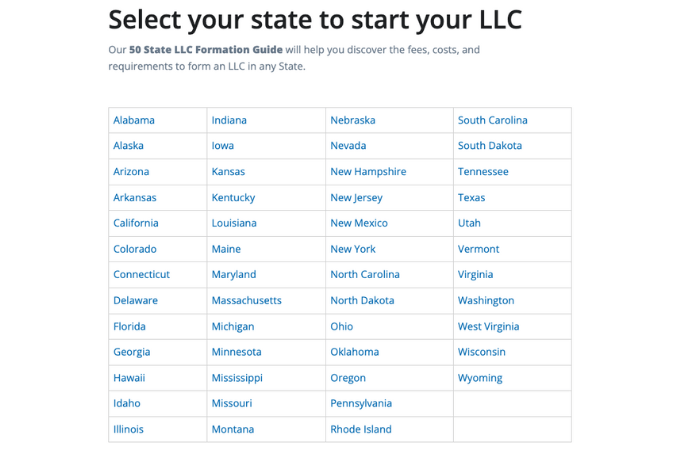 Screenshot of Inc Authority's webpage to select your state to start your LLC
