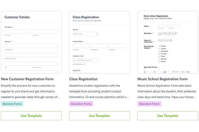 Three registration form templates from Jotform for customer details, class registration, and music school registration. They each show template fields, explanations of the template, and a button at the bottom that says “Use Template.”