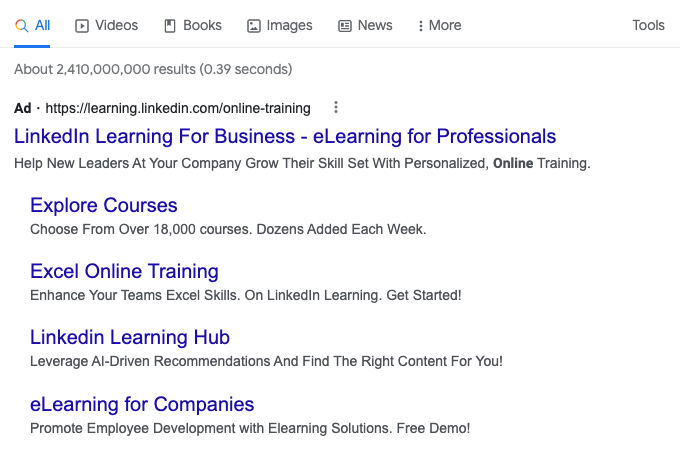 Screenshot of Google search results with a LinkedIn Learning ad link at the top of the search results.