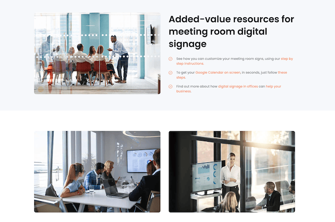 On the left is a photo of a group of people sitting around a table in a meeting room. One person is standing and speaking to the rest. On the right is a header that reads “Added-value resources for meeting room digital signage” with steps listed below. Below are two more pictures of people meeting with similar setups as the picture described above. 