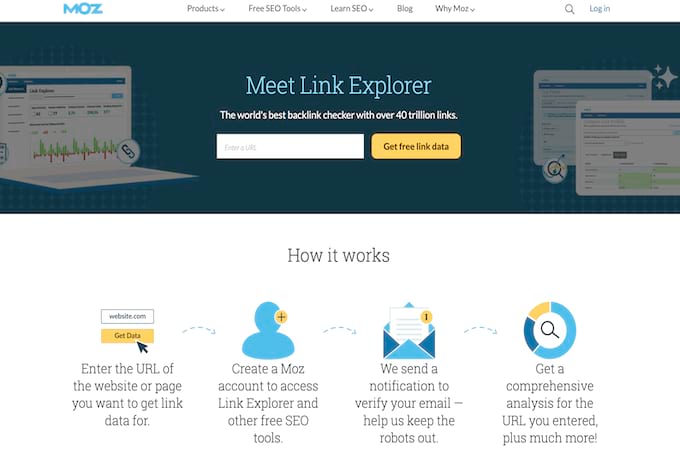 Screenshot of Moz link explorer tool web page.