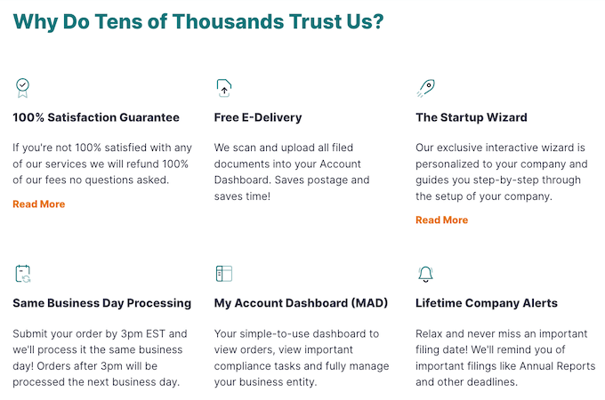 Screenshot from MyCompanyWorks webpage that asks "Why Do Tens of Thousands Trust us?" with list of reasons