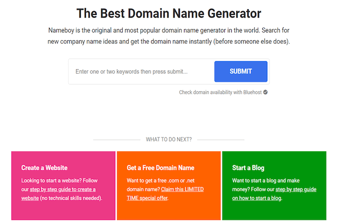 Text against a white background that reads “The Best Domain Name Generator” with a description and search bar beneath it. At the bottom are three colorful prompts to create a website, get a free domain name, and start a blog.