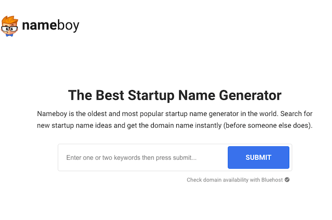 Text against a white background with Nameboy and the company icon in the upper left corner. The text in the middle of the page reads “The Best Startup Name Generator” with a description and search bar below.