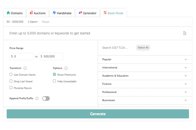 Namecheap’s Beast Mode page with options for price range, filters, and industry options listed. There is a green Generate button at the bottom and tabs for other Namecheap tools at the top.