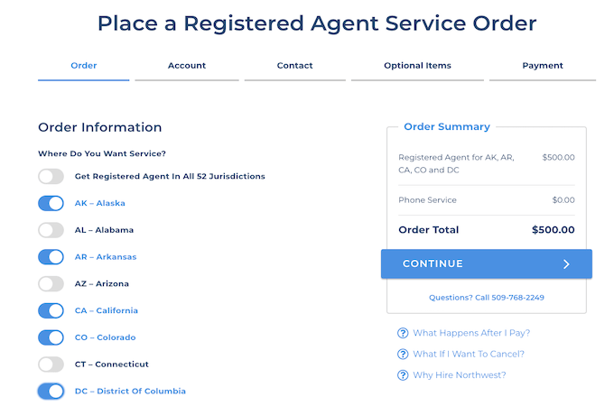Screenshot of Northwest Registered Agents page to place a registered agent service order
