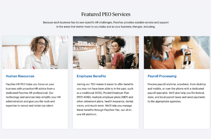 Screenshot of Oasis PEO's features and services webpage, showing Human Resources, Employee Benefits, and Payroll Processing.