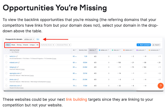 Screenshot of SEMrush's backlink gap tool web page.