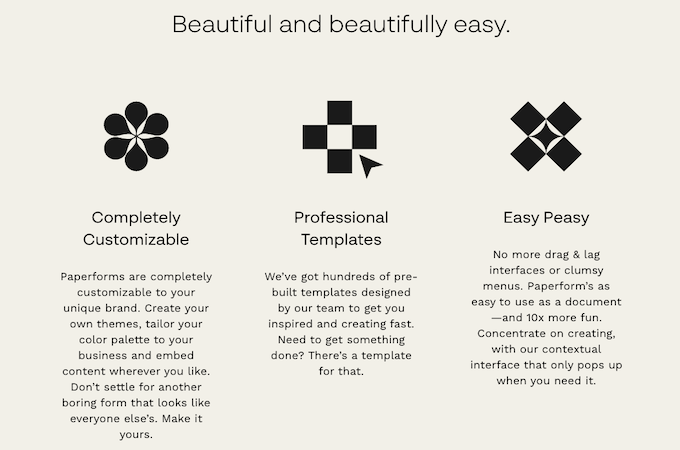 Text at the top of the image that says “Beautiful and beautifully easy” with three geometric icons below. Under the icons are headers that read “Completely Customizable,” “Professional Templates,” and “Easy Peasy.”