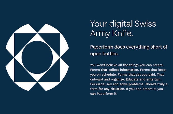 A geometric image on the left against a dark blue background. On the right, white text reads “Your digital Swiss Army Knife” with a description of Paperform below it.