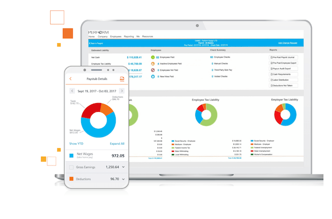 Examples of Paycor interface on laptop screen and on mobile app.