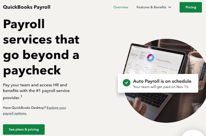 Screenshot from Quickbook payroll web page describing their payroll services and CTA for plans and pricing information.