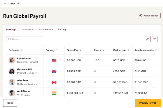 Screenshot of an international pay run in Rippling