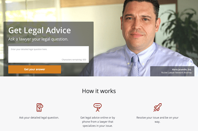 Screenshot of Rocket Lawyer webpage to get legal advice