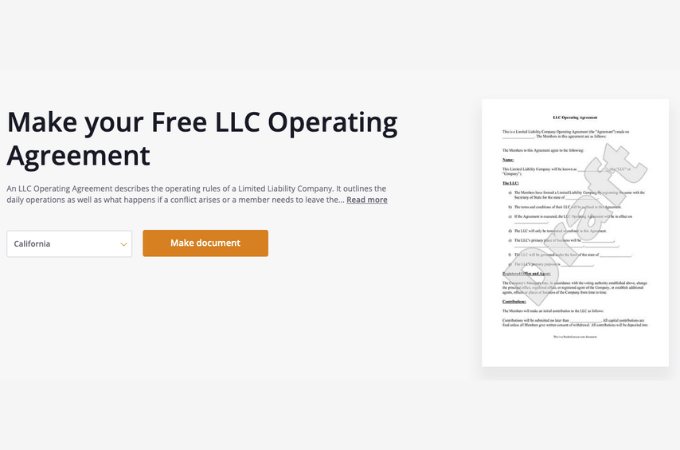 Screenshot from Rocket Lawyer LLC Operating Agreement webpage with dropdown to select your state and CTA that says "Make document"