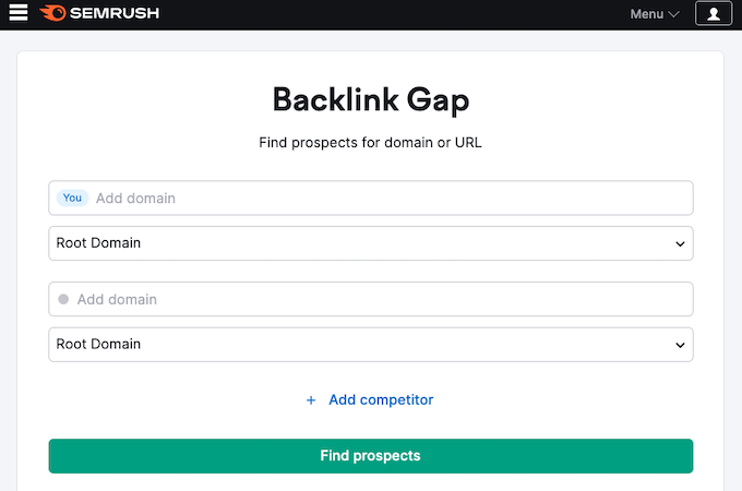 Screenshot of Semrush backlink gap analysis tool.