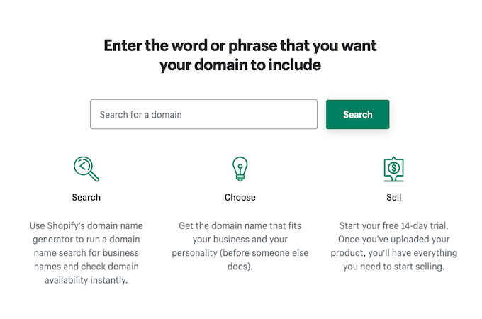 Text against a white background that reads “Enter the word or phrase that you want your domain to include. Below the text is a search bar and steps with icons for setting up an online store.