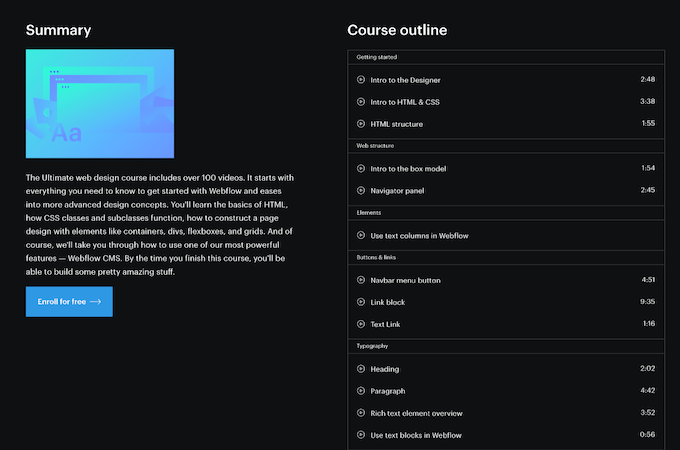 Screenshot of Webflow University web design course outline and summary.