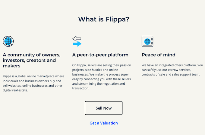 Screenshot from Flippa's website with what is Flippa question followed by descriptors and answers for customer review..